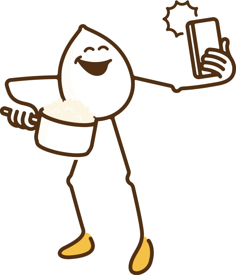 Doodle of a cartoon butter drop taking a selfie with a Popsmith popper of popcorn.