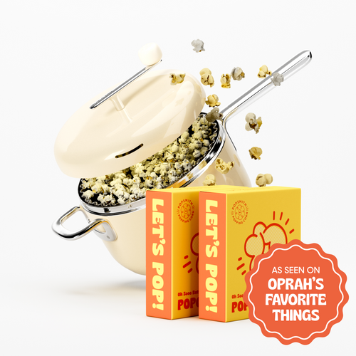 Popcorn maker with popcorn spilling out, accompanied by 'Let's Pop!' boxes and Oprah's Favorite Things badge. [42324529381569]