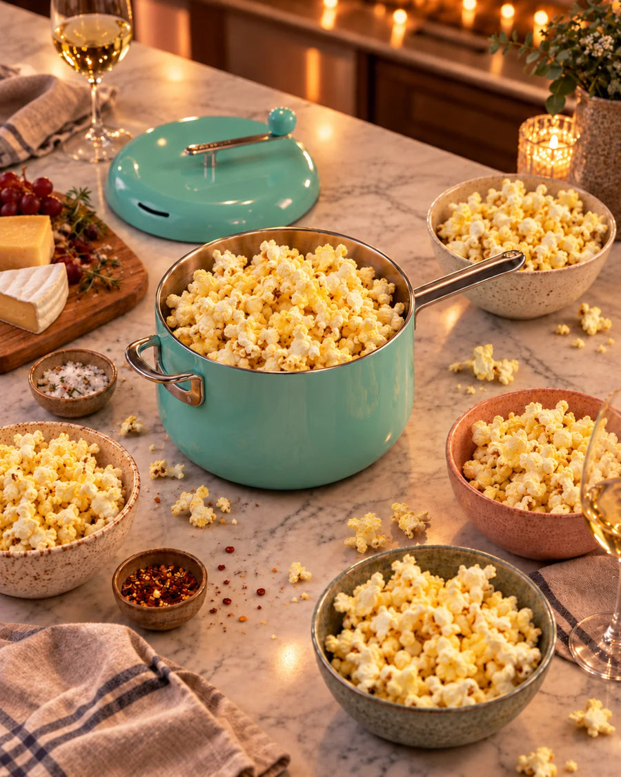 Mint Popper on a kitchen island with bowls of popcorn for guests