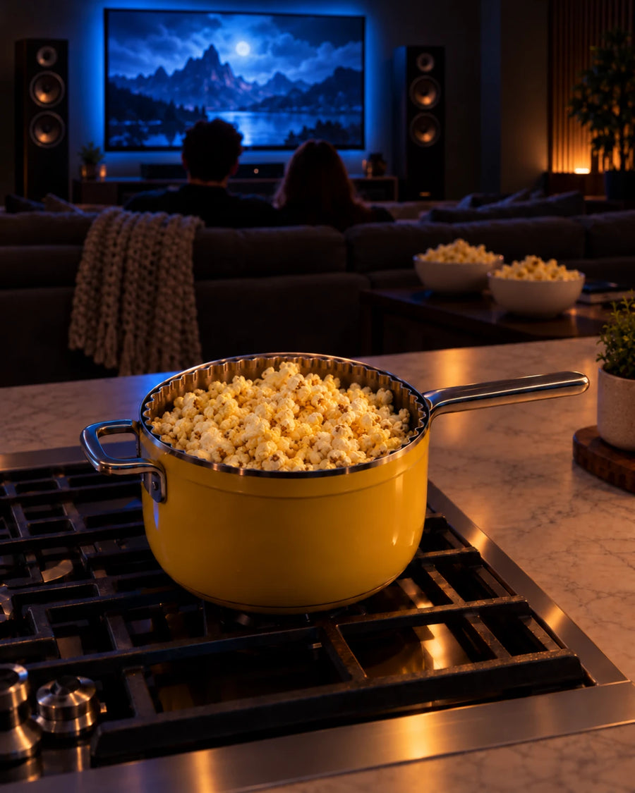 Butter Popper on the stove while a couple watches a movie