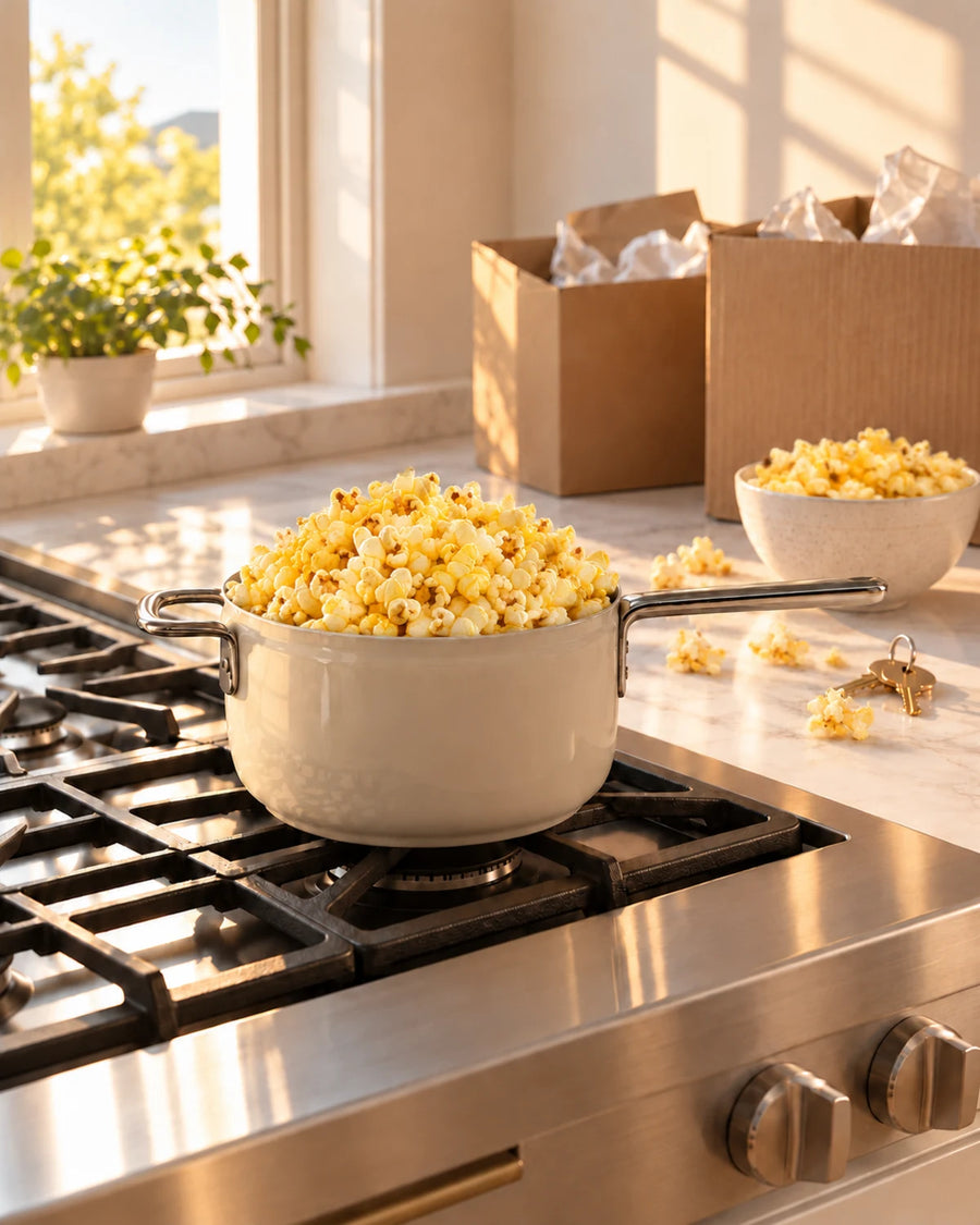 Cream Popper full of popcorn next to moving boxes